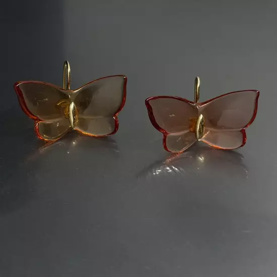 Baccarat Signed Amber Tone Crystal 750 18K Butterfly Pierced Hook Drop Earrings