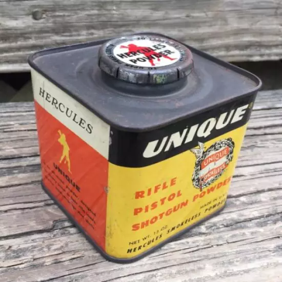 vtg Hercules Unique Empty Smokeless Gun Powder Tin 13 oz 1950’s Wilmington 99