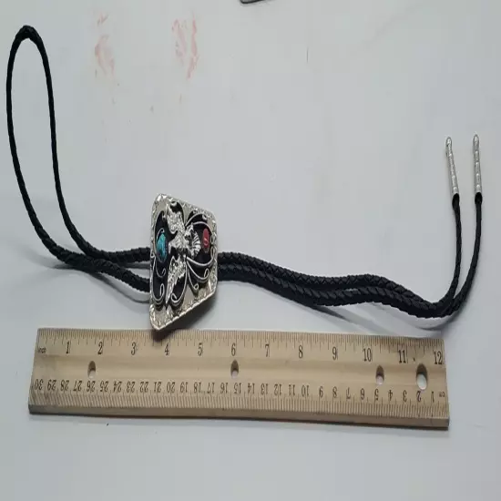 Vintage Handcrafted In USA Bolo Tie With Eagle,Turquoise And Coral Inlay