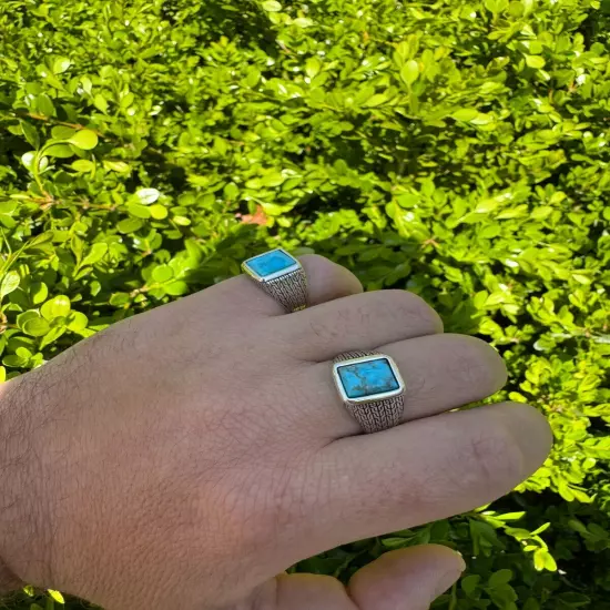 Blue Turquoise Mens Real Solid 925 Silver Navajo Native American Inspired Ring