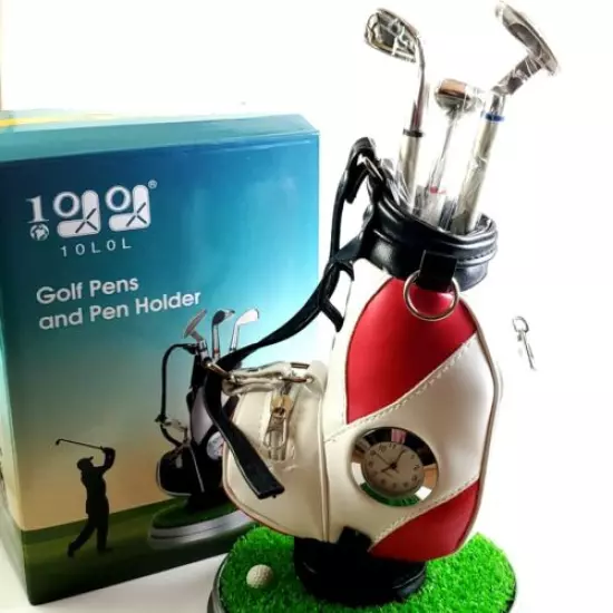 10L0L Mini Desktop Pen Holder w 3 Golf-club Pens Clock Round Turf Base New Boxed