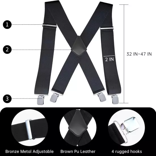 2inch Men's Heavy Duty Suspenders with Strong Clips Adjustable X-back for Work J