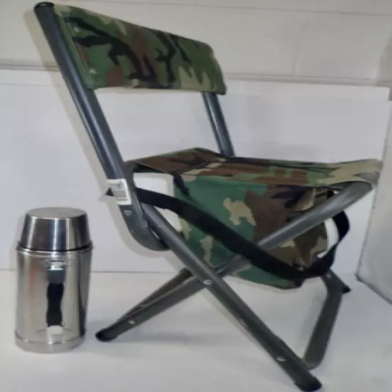 Woodland Camo High Back Folding Hunting Chair w/ Storage & Vintage Steel Thermos