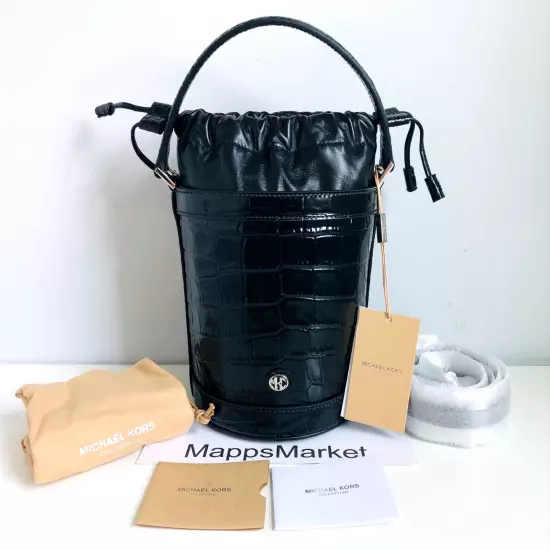 MICHAEL KORS COLLECTION Audrey Medium Croc Embossed Leather Bucket Bag in Black