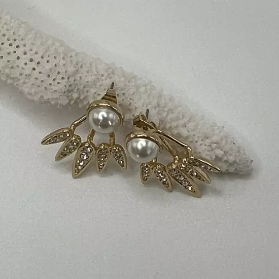 Gold Pearl Clear Swarovski Crystal Art Deco Style Drop Earrings