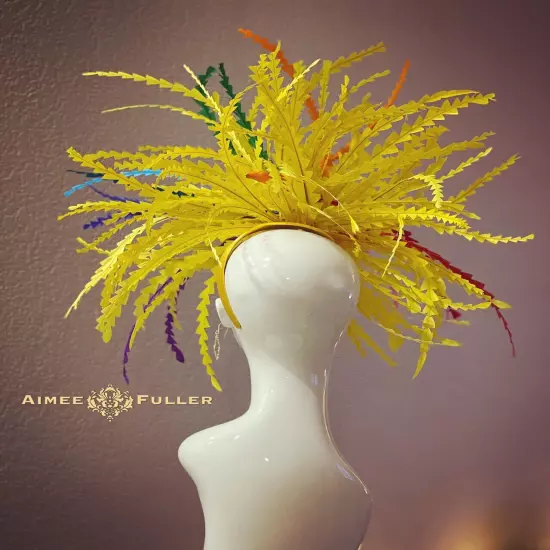 Aimee Fuller Kentucky Derby Fascinator Big Hat Rainbow Yellow Red Royal Ascot