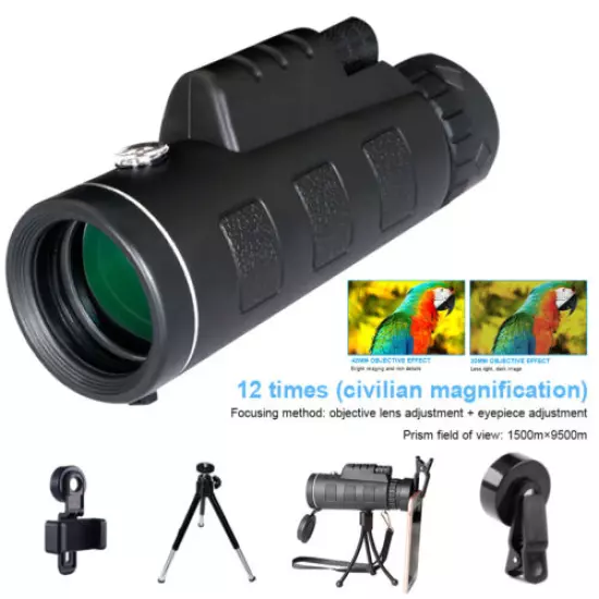 40X60 Monocular Telescope HD Zoom w/Smartphone Holde FMC BAK4 Weak Night Vision