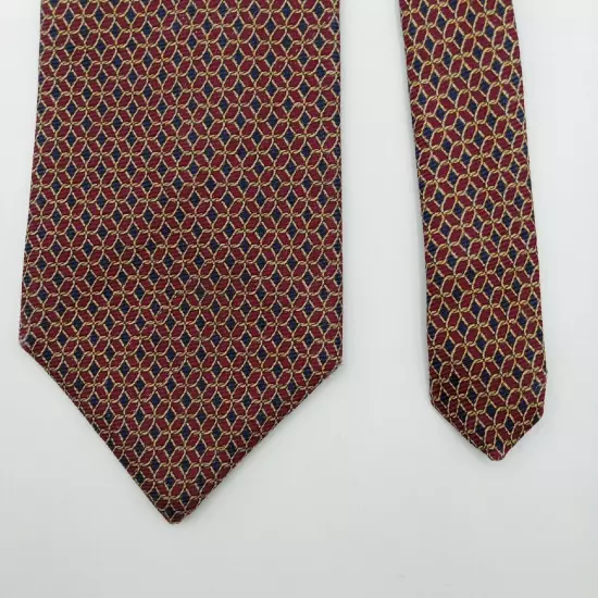 Brooks Brothers Makers Mens Silk Foulard Tie-Burgundy Navy Gold 60" Necktie Vtg