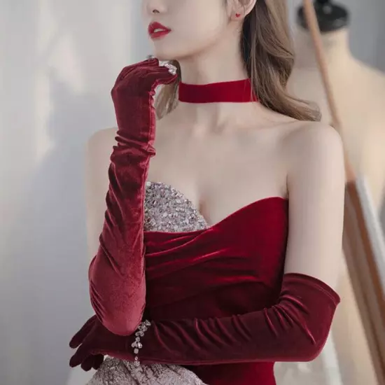 Xmas Noble Banquet Style Women Velvet Long Dinner Dress Gloves Warms Gloves#