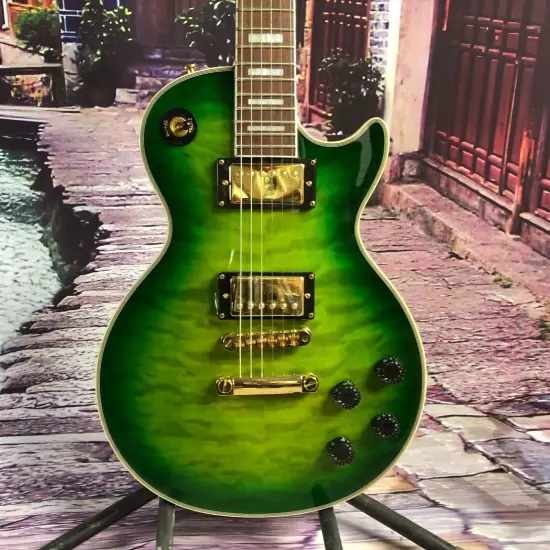 Green Les Paul 6-string electric guitar Flame maple top mahogany body in stock