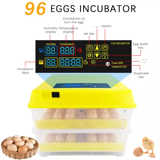 48/56/96 Digital Eggs Incubator Egg Hatcher Temperature Control Automatic 80W