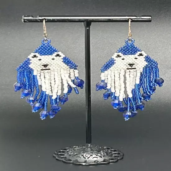 Hand Beaded Polar Bears Blue Seed Bead Tasseled Dangle Earrings