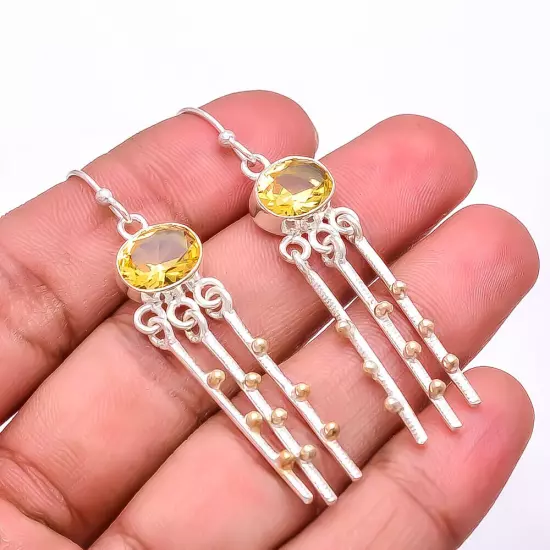 Citrine 925 Sterling Silver Two Tone Earring 2.15" E_9279_233_48