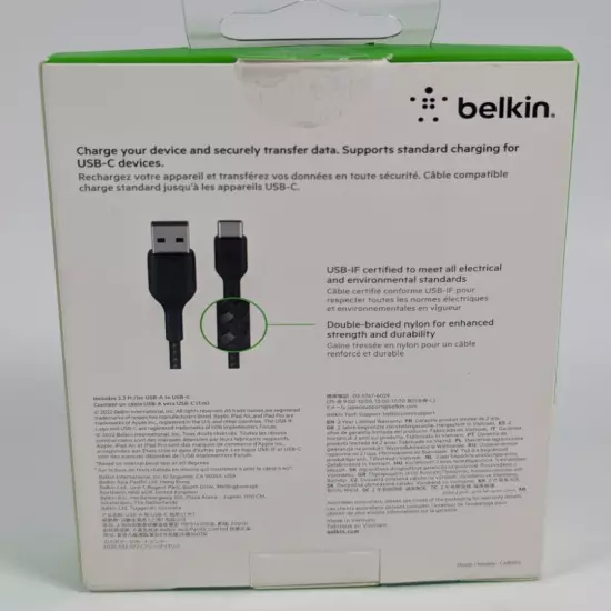 Belkin Boost Charge USB-A to USB-C Cable Black Braided Charging Cable 3.3Ft (1m)