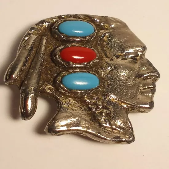 Vintage Bolo Tie Slide Native American Indian Face Old Turquoise Bolo 