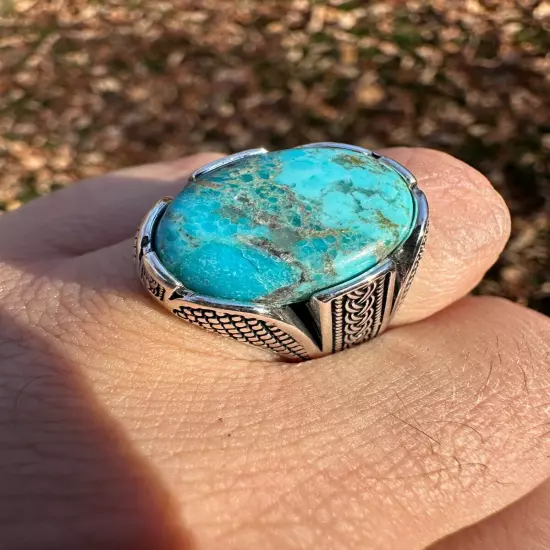 Mens Real Solid 925 Sterling Silver Blue Turquoise Natural Native Gemstone Ring