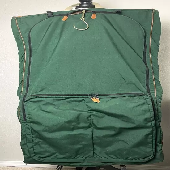 80s 90s LL BEAN Green Canvas Leather Folding Garment Carrying Bag Travel Vintage