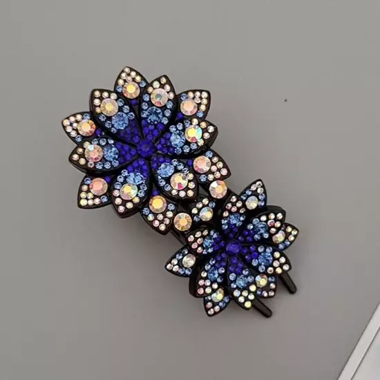 Ladies Rhinestone Double Flower Hair Clip Barrettes Crystal Comb Large Catch 1x-