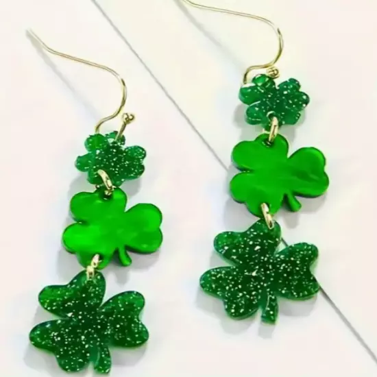 Three Green Shamrocks Resin Dangle Earrings w/gold tone hooks