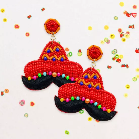 Red Felt Back Seed Beaded Hat Mustache Dangle Earrings