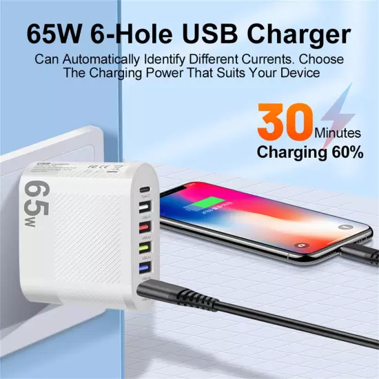 65W Super Fast Charge Wall Charger Adapter 5 USB Port + Type C Universal Charger