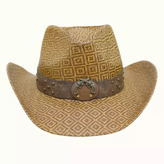 Straw Structed Western Cowboy Hat with Camouflage and Pistol Charms *TAN*