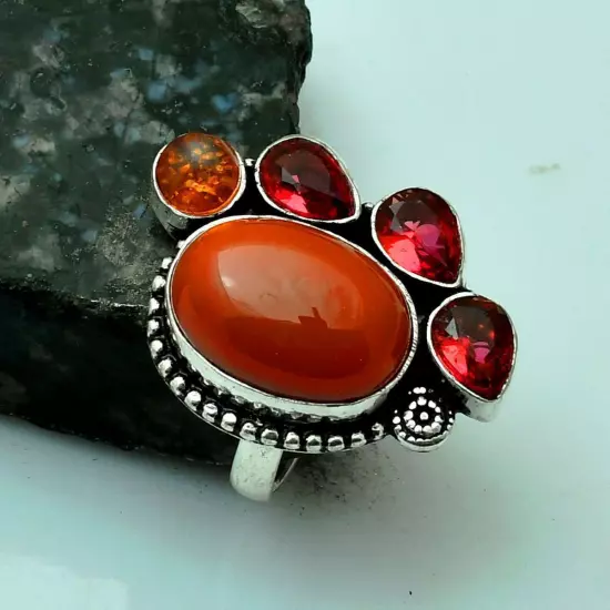 Coral Garnet Gemstone Handmade Ring Jewelry Wedding Gift US Size-8.25 AR 92002