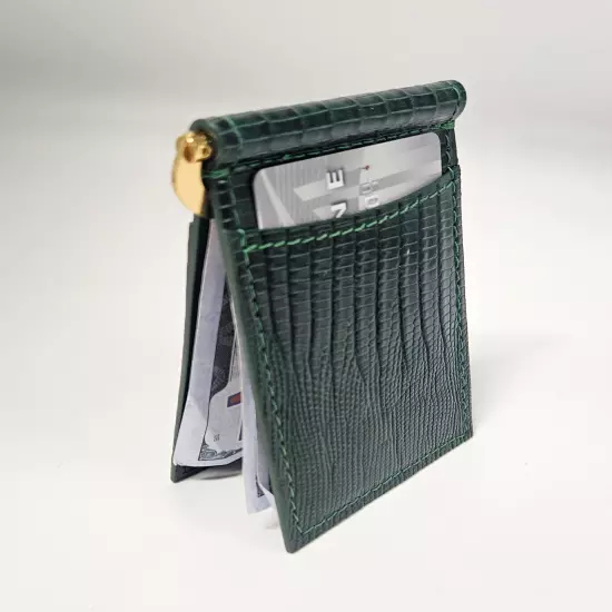 Green Genuine Lizard Nickel-Plated Clip Card Case Wallet MADE IN THE USA G