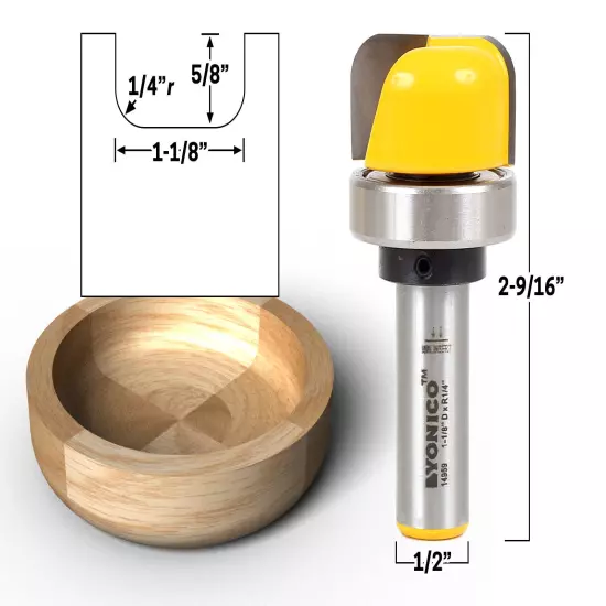 1-1/8" Diameter Bowl & Tray Template Router Bit - 1/2" Shank - Yonico 14959