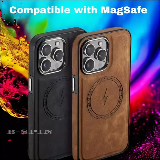 For Apple iPhone 16 15 14 Max 13 12 Leather MagSafe Magnetic Shockproof Cover