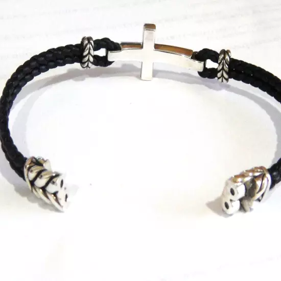 DAVID YURMAN SILVER LEATHER MENS BLACK DIAMOND CROSS BRACELET