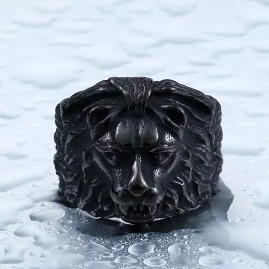 Retro Black Lion Head Ring Stainless Steel Lion King Head Men's Biker Punk Ring