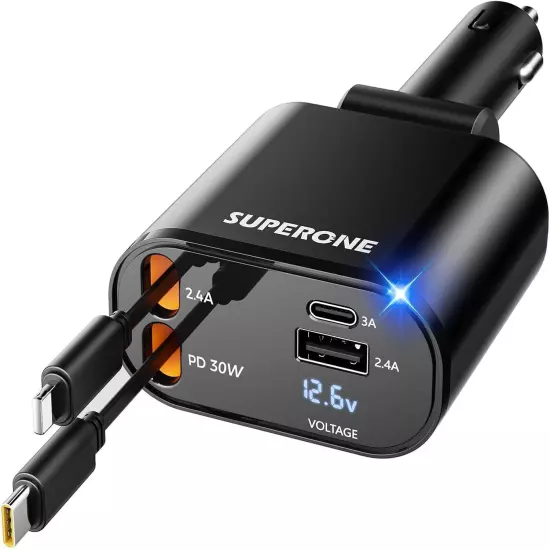 【Upgraded】 SUPERONE Retractable Car Charger 4 in 1, Fast Phone Black 