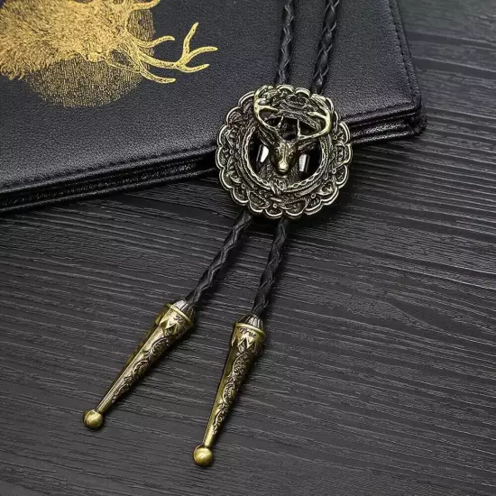 Vintage Bolo Tie Western Cowboy Indian Deer Head Mens Necklace PU Rope Alloy