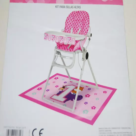 New Infant Girl's First Birthday Pink High Chair Decor Kit Flag Banner & Mat 