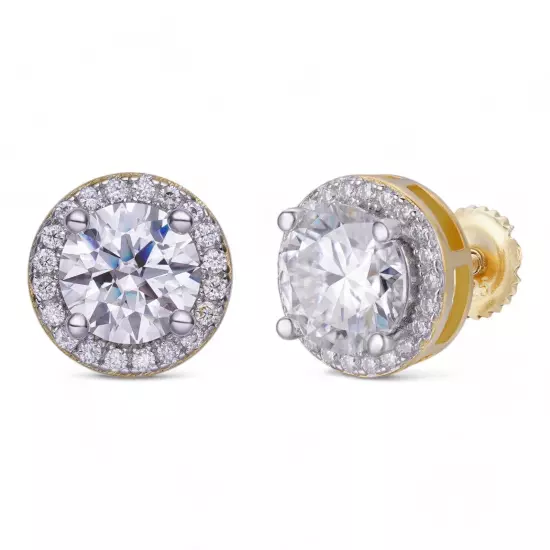 Real Moissanite Halo Stud Earrings 14k Gold Over 925 Silver Hip Hop Mens Ladies