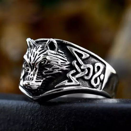 Vintage Celtic Knot Viking Wolf Ring Stainless Steel Men's Retro Biker Wolf Ring