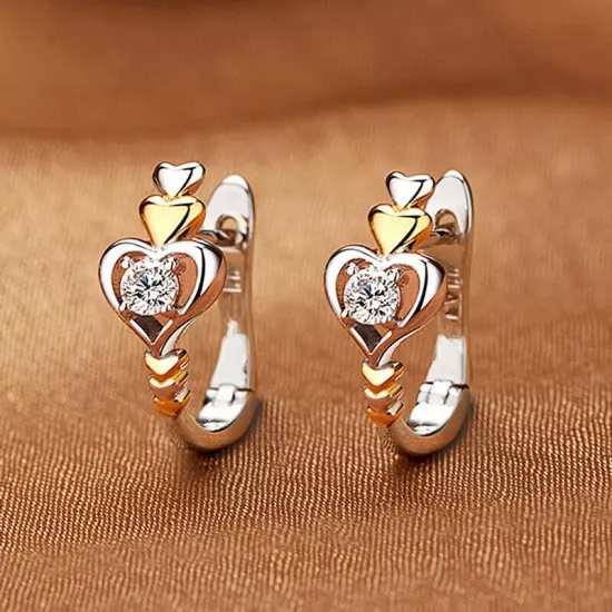 Heart Women Luxury Cubic Zircon Drop Earring Two Tone 925 Silver Jewelry