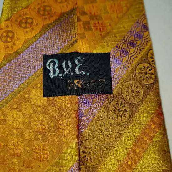 Vtg BJE Ernst Tie Orange Gold Brown Stripes Paisley Robinsons Union Made 54"