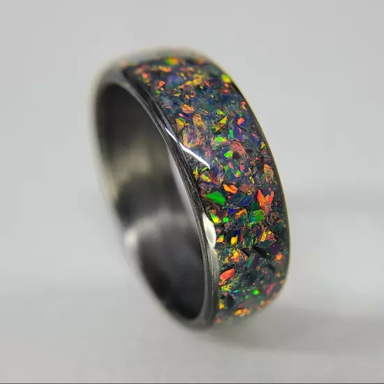 Carbon Fiber Ring with Fire Opal inlay - Handcrafted - Sizes 4-16 - Custom Width