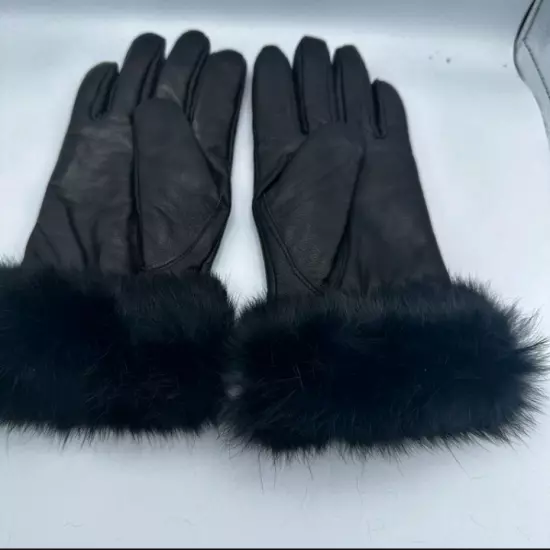 Vintage SPSY genuine women leather sz medium black gloves faux fur wrist