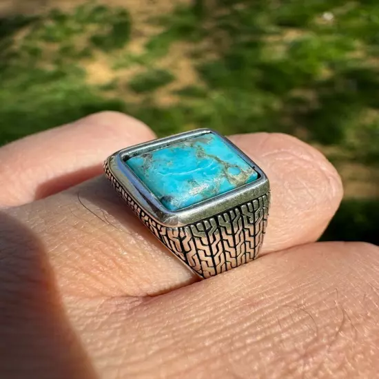 Blue Turquoise Mens Real Solid 925 Silver Navajo Native American Inspired Ring