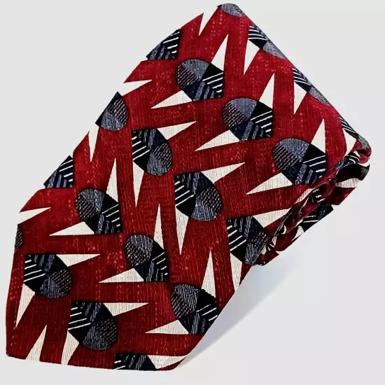 Aldo Ponti Silk Necktie Red Zigzag Lines Woven Tie Width 3 1/2" Length 57"