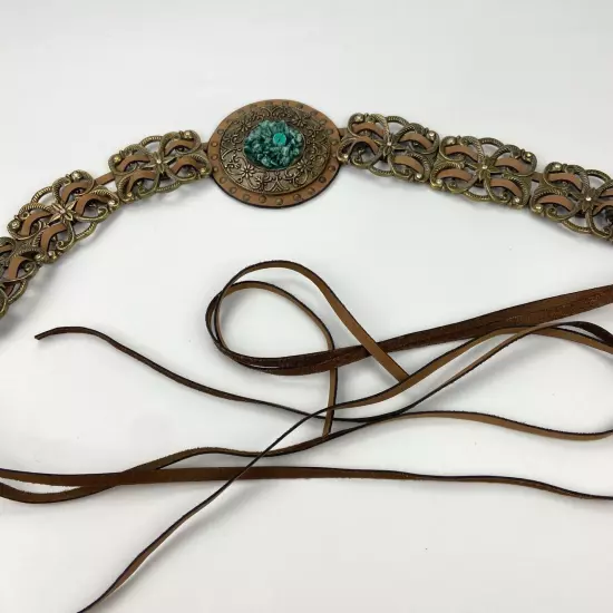 Chico's Brown Leather Belt Faux Turquoise Long Fringe Tie Size M/L Brass Accents