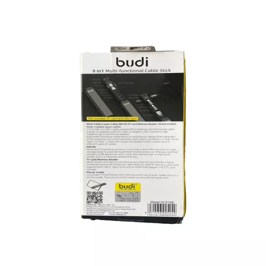 Budi 9-in-1 Essential Travel Charging & Data Sync Cable Stick - Black