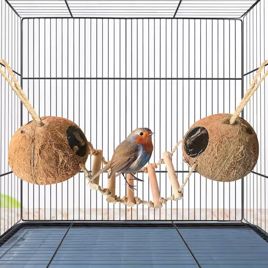 Bird Hides Coconut Nest with Wood Ladder,Syrian Hamster Cage Hanging Natural ...