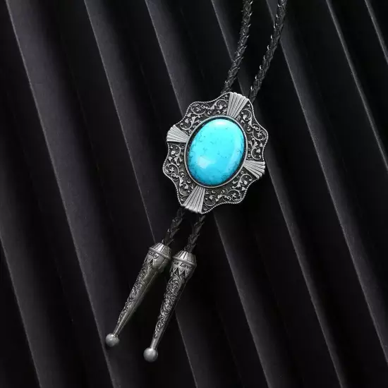 Vintage Bolo Tie Western Cowboy Blue Turquoise Mens Alloy Necklace PU Rope Party