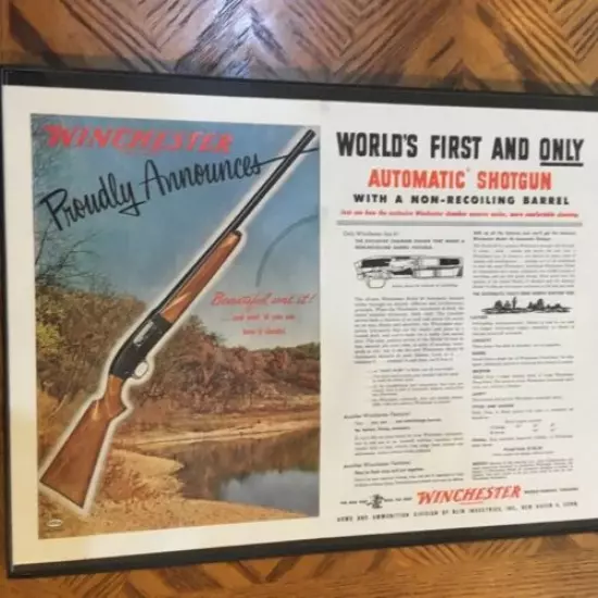 VINTAGE large old winchester model 50 shotgun add from 50s 12x16 framed 