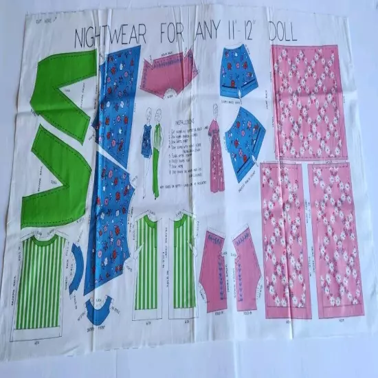 Vintage 1960's Cut and Sew Fabric Panel NIGHTWEAR Girl Doll 11-12" Barbie uncut