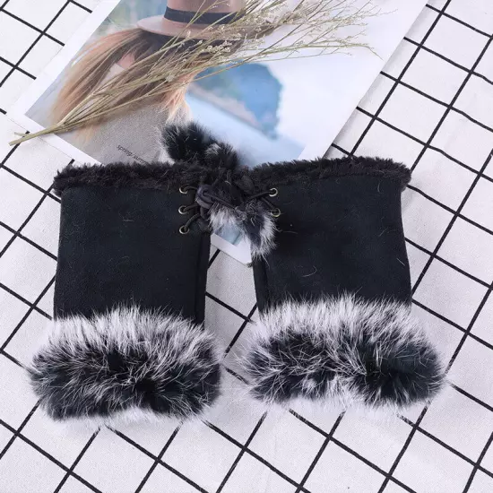 Womens Winter Warmer Fingerless Gloves Faux Rabbit Fur Suede Wrist Solid Mittenღ